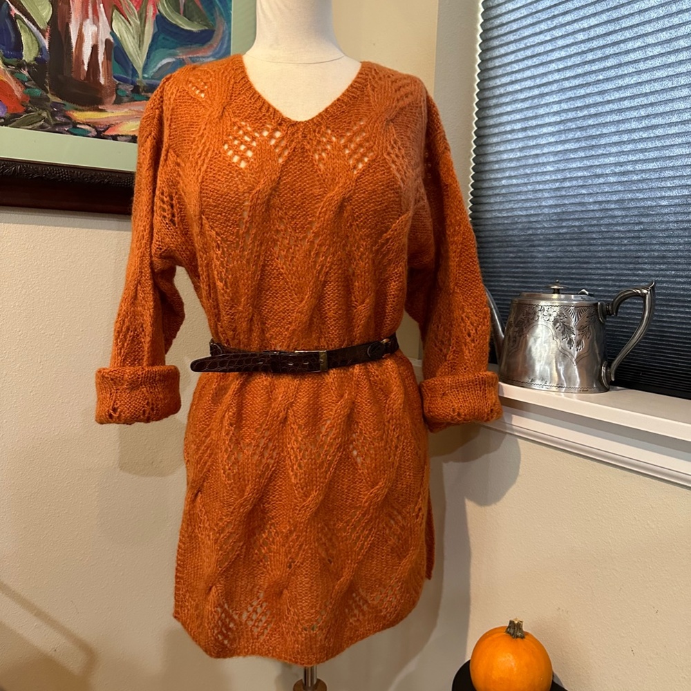 Orange Mohair Lace Tunic Sweater or Mini Dress / Hand Knit/ Art to Wear